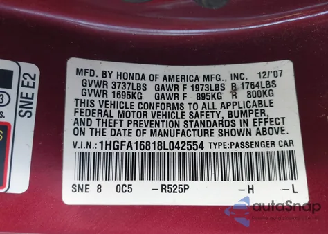 2008 Honda Civic Ex z USA, uszkodzony, nr VIN 1HGFA16818L042554
